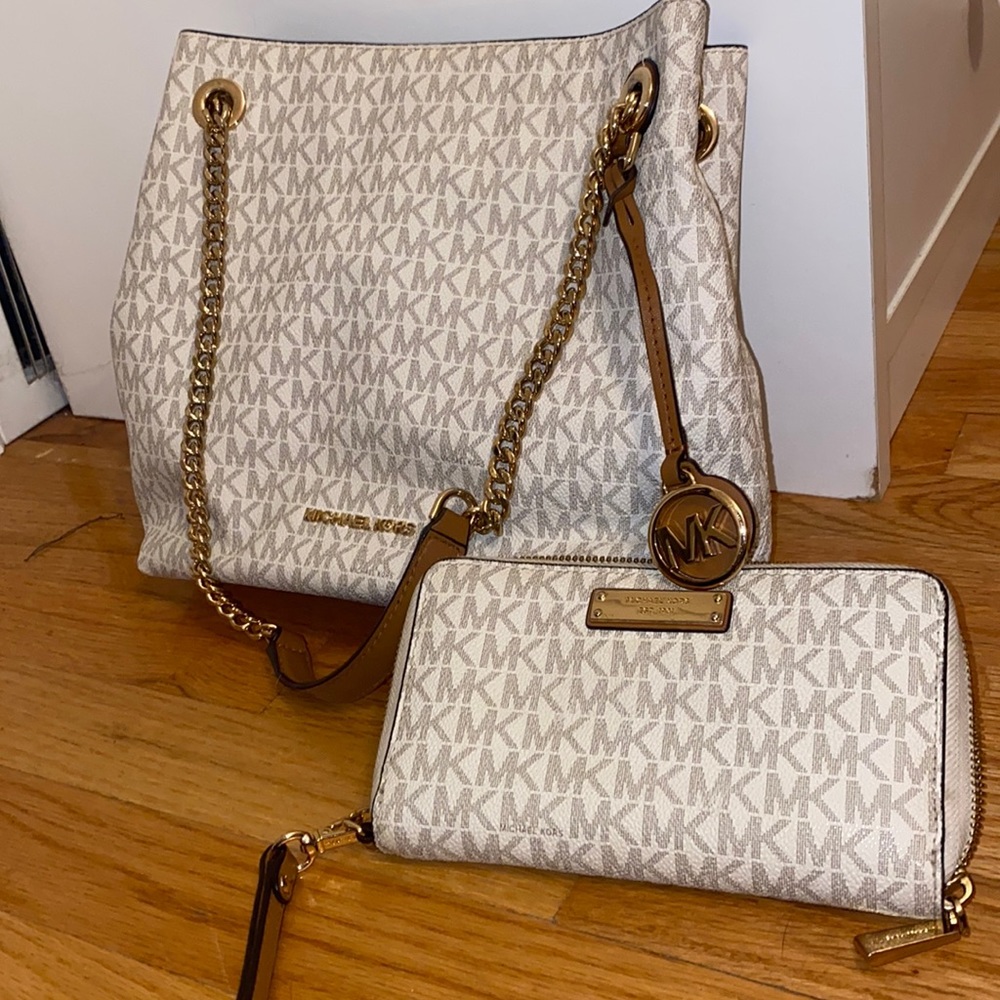 Michael Kors Tan Brand Print Shoulder Bag and Wallet Set